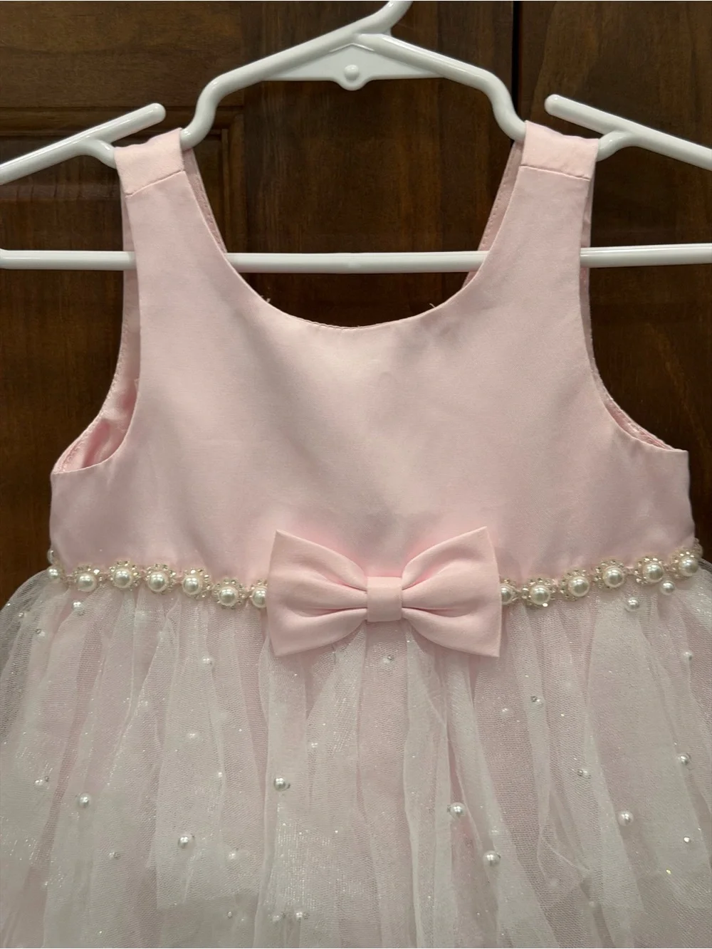 American Princess Toddler Pink & White Tulle Pearl Bow Formal Dress, 18 Months